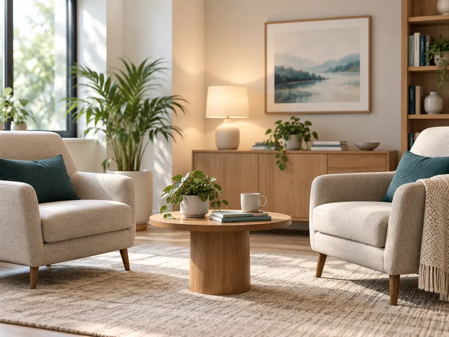 Calm counselling room with two chairs