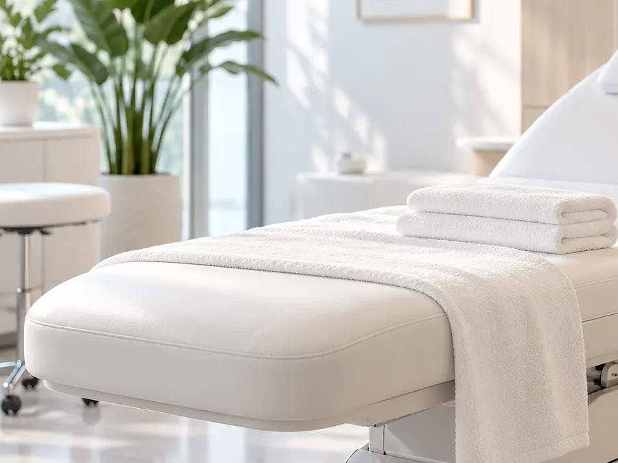 Treatment room with a massage table and folded towels