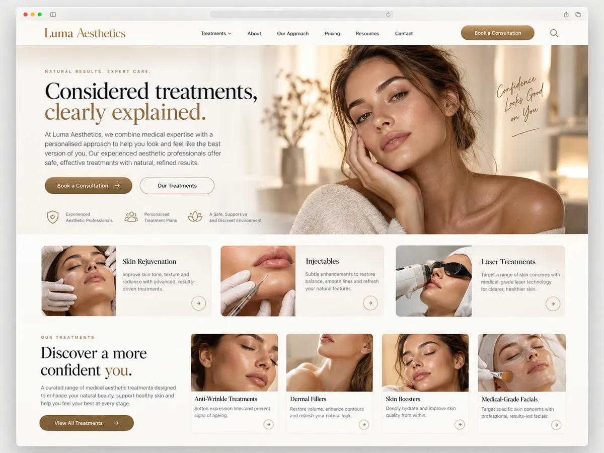 Medical aesthetics clinic website design shown in a browser