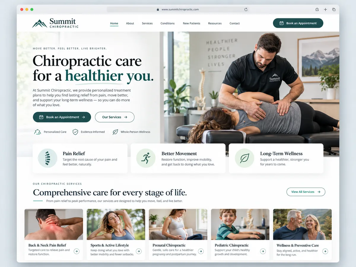 Chiropractic clinic website design shown in a browser
