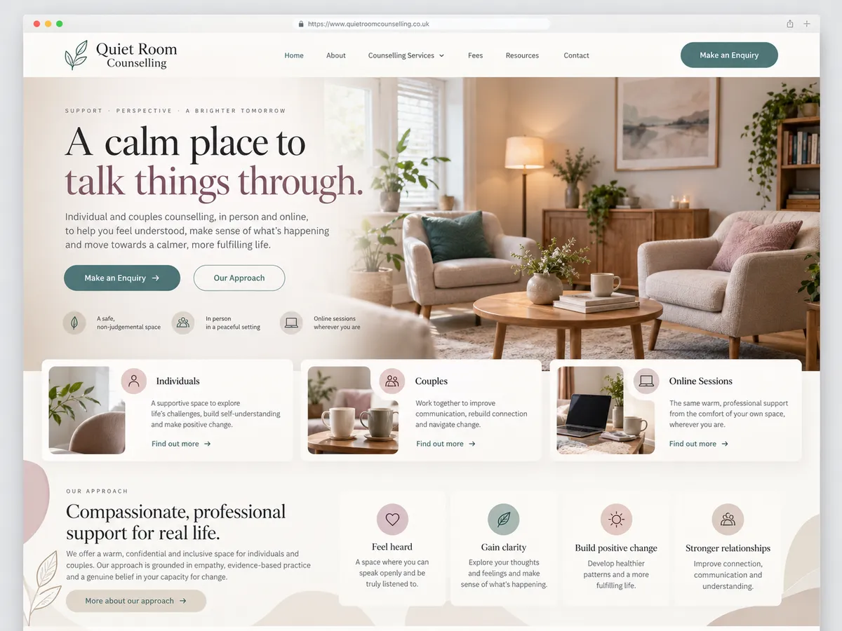 Counselling practice website design shown in a browser