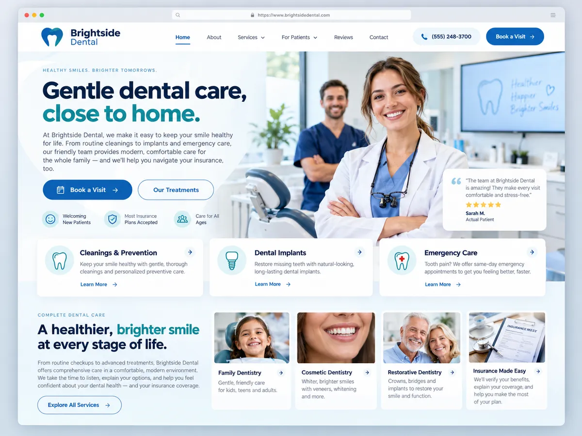 Dental practice website design shown in a browser