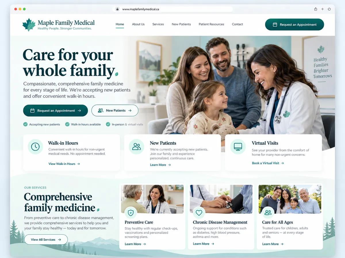 Family medical clinic website design shown in a browser
