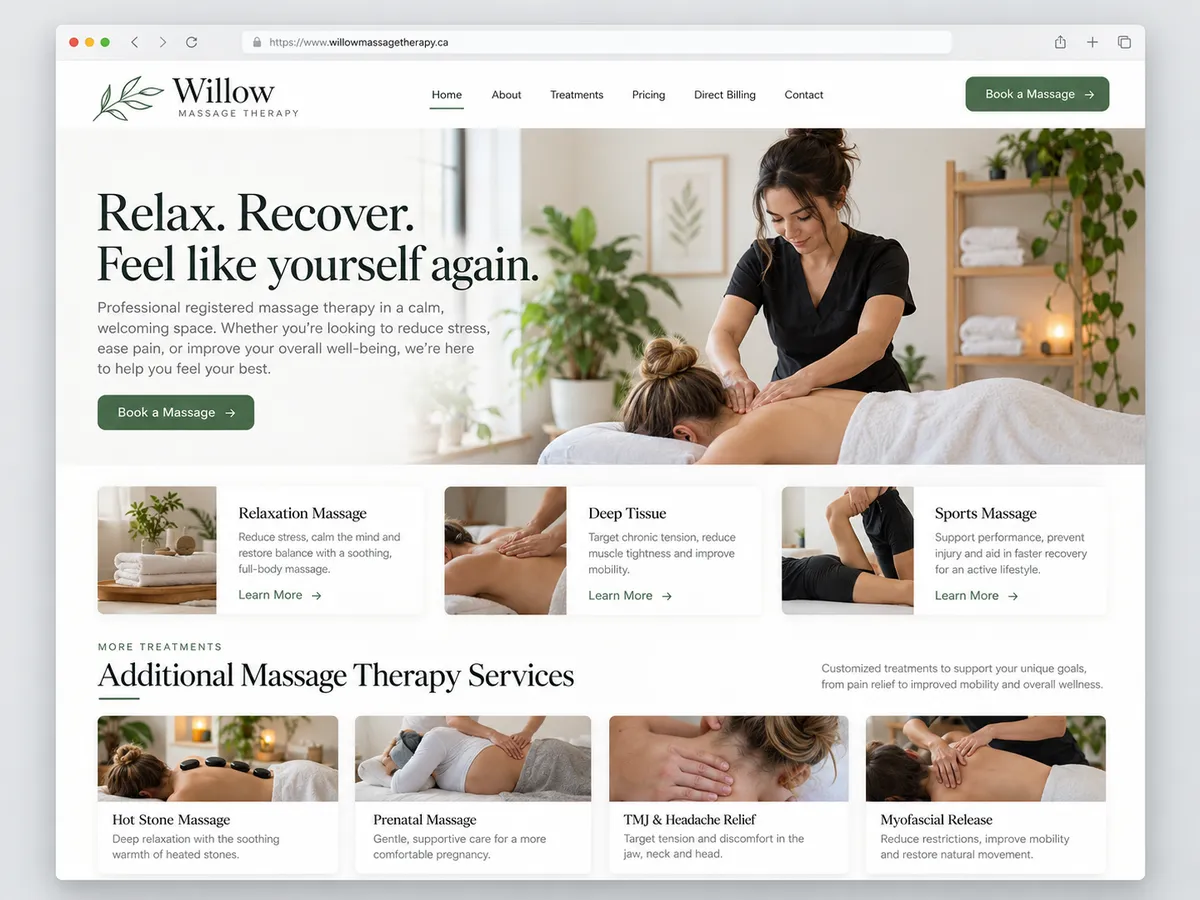 Massage therapy clinic website design shown in a browser