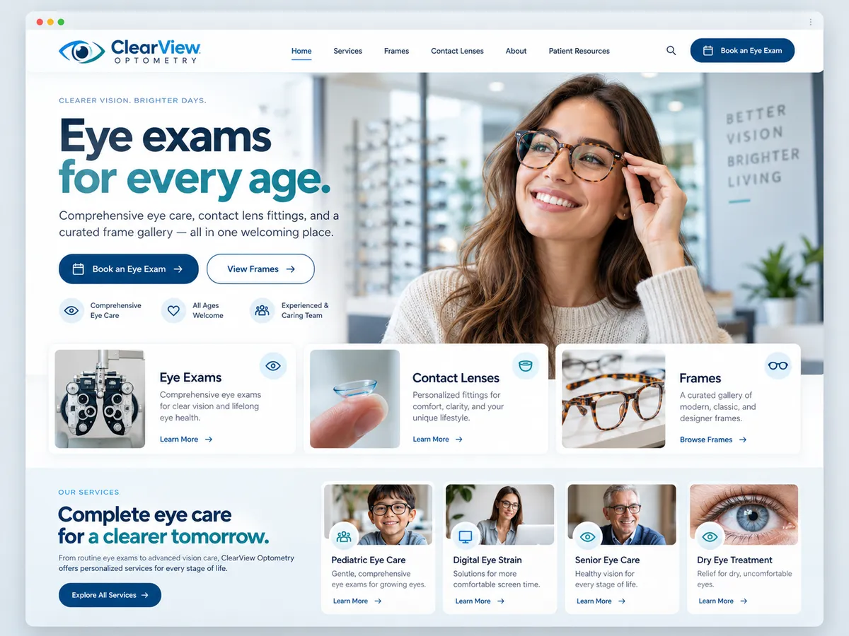 Optometry practice website design shown in a browser