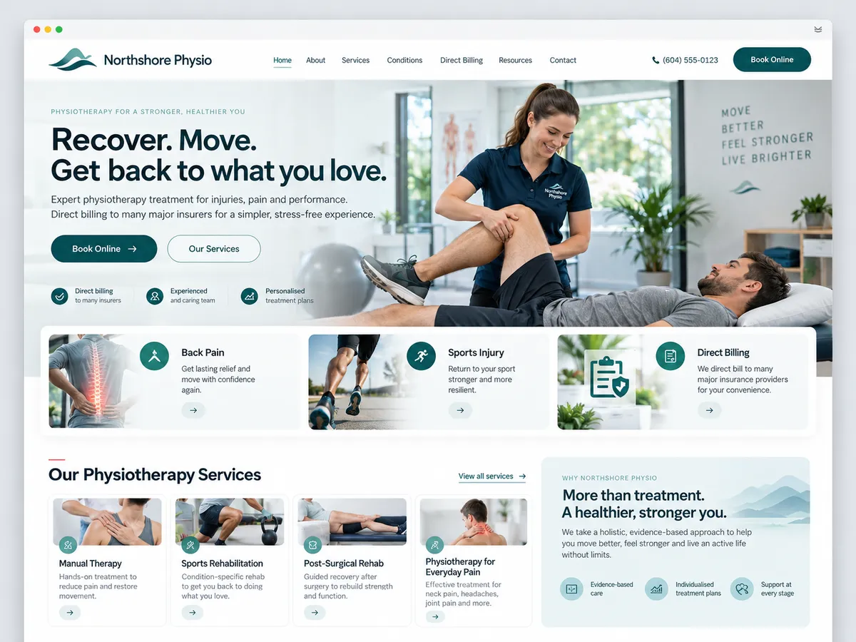 Physiotherapy clinic website design shown in a browser