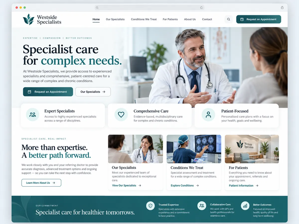 Specialist clinic website design shown in a browser